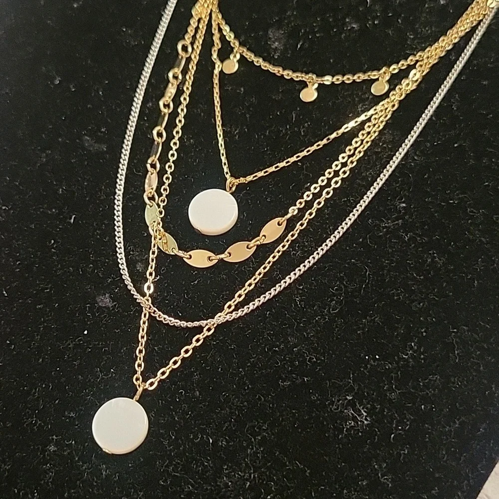 Gold Tone White Pearlized Round Shell Multi Chain Layered Necklace - Picture 2 of 4